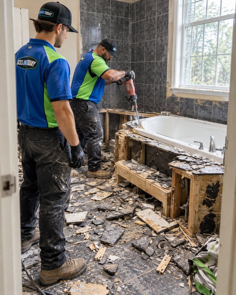 833 Junk Today crew removing tile and a tub during a bathroom demolition