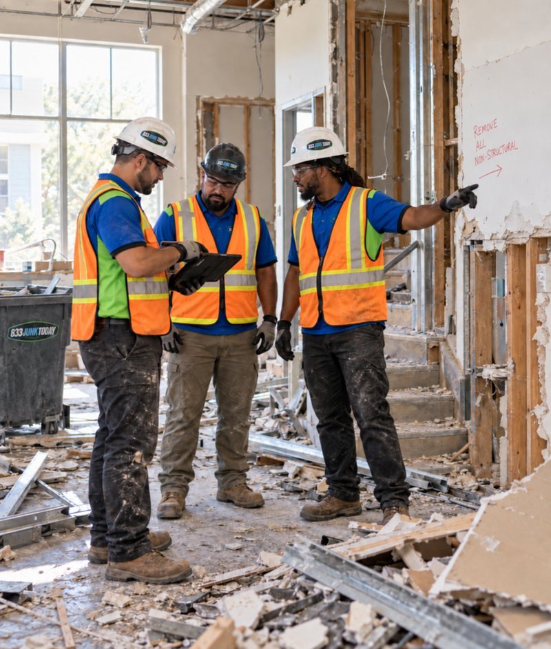 833 Junk Today crew reviewing an interior demolition scope on site