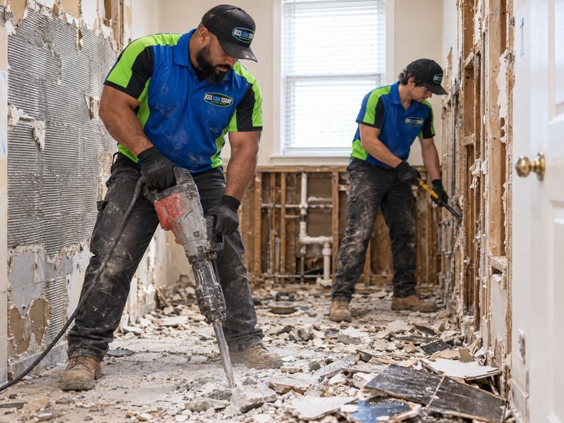 833 Junk Today crew breaking up tile flooring during an interior demolition