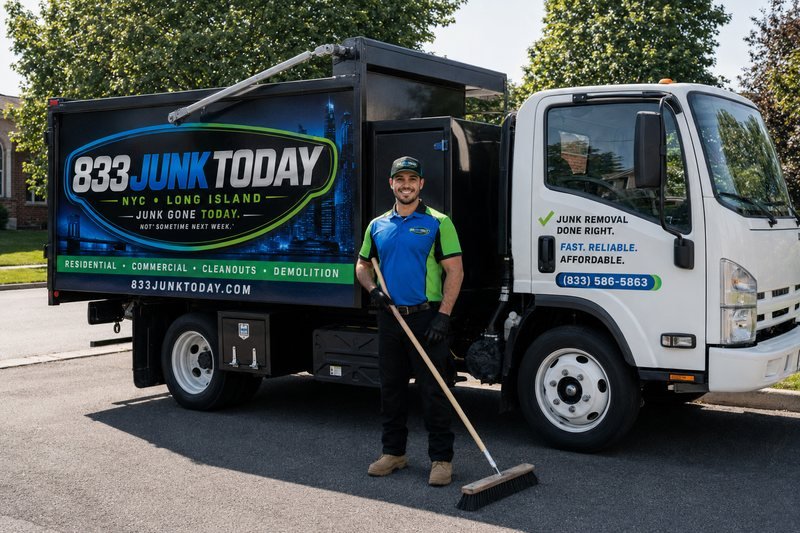833 Junk Today truck and crew member ready for a junk removal job